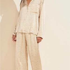 Eberjey- Inez Washable Silk Printed Long PJ Set, Mink Puff/Bone Color, Large